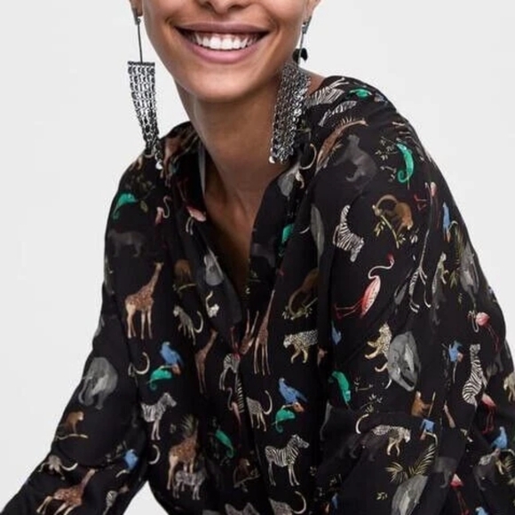 ZARA Black Jungle Animals Print Top Blouse Shirt Tunic V-Neck Size Small - Picture 10 of 10